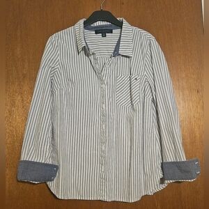 Tommy Hilfiger Button Up Stripe Long Sleeve Gray White Blouse